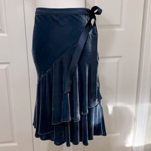 Vintage Nougat London Blue Velvet Ruffle Skirt Satin Ribbon Tie Asym Hem S